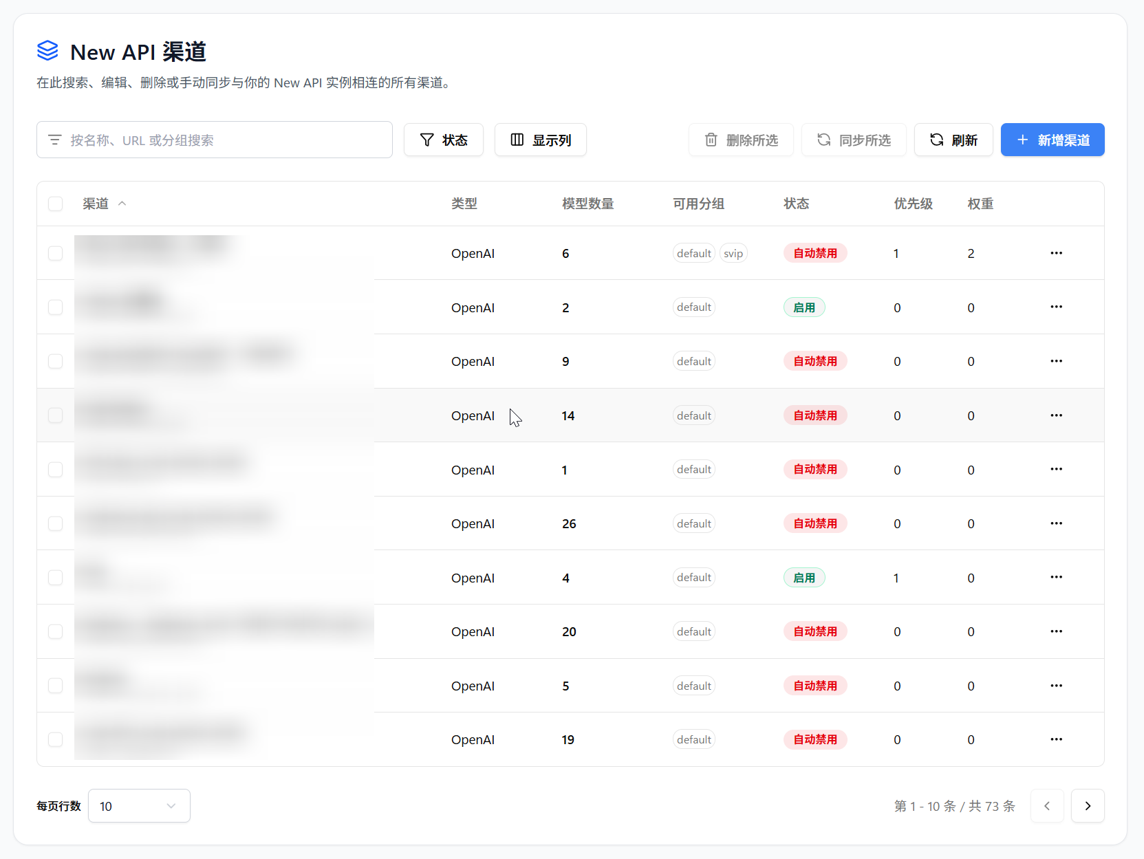 New API 渠道管理界面